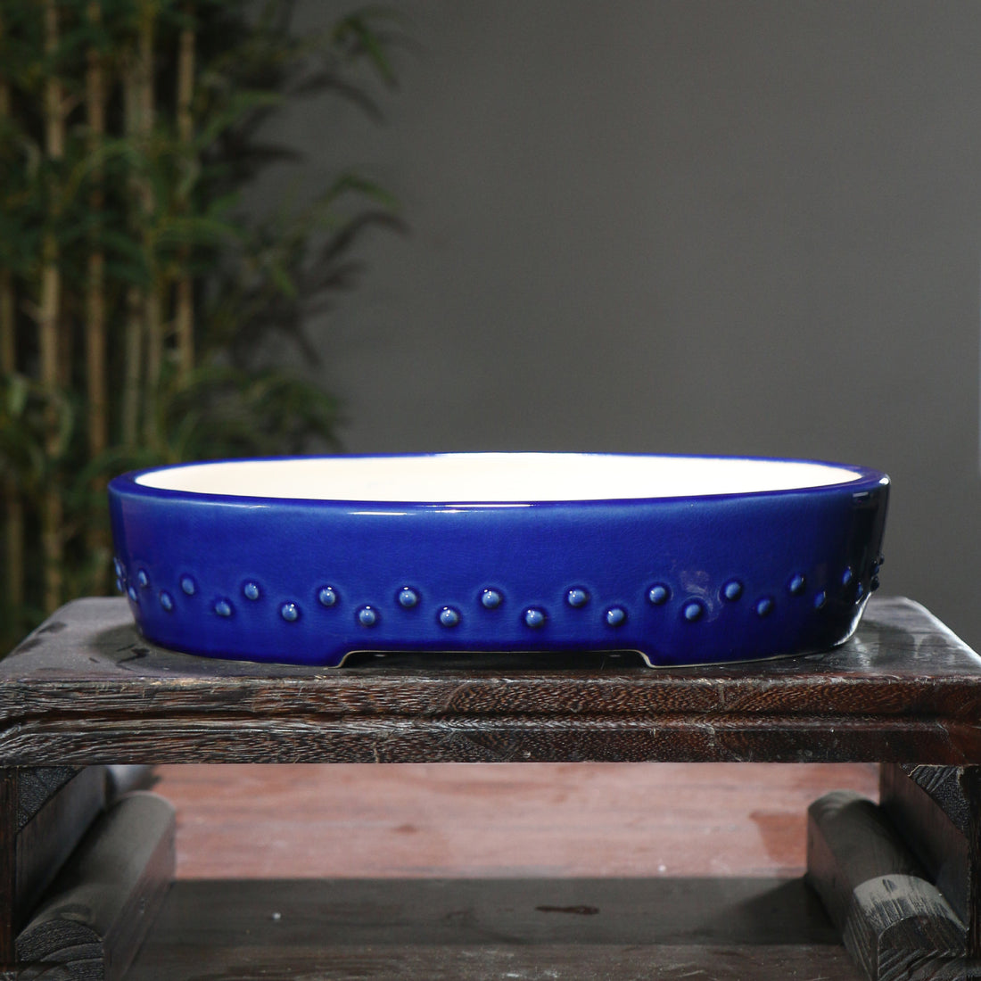 14.1" (35.8cm) Large Glazed Shallow Drum Oval Bonsai Pots Handmade Navy Blue Color