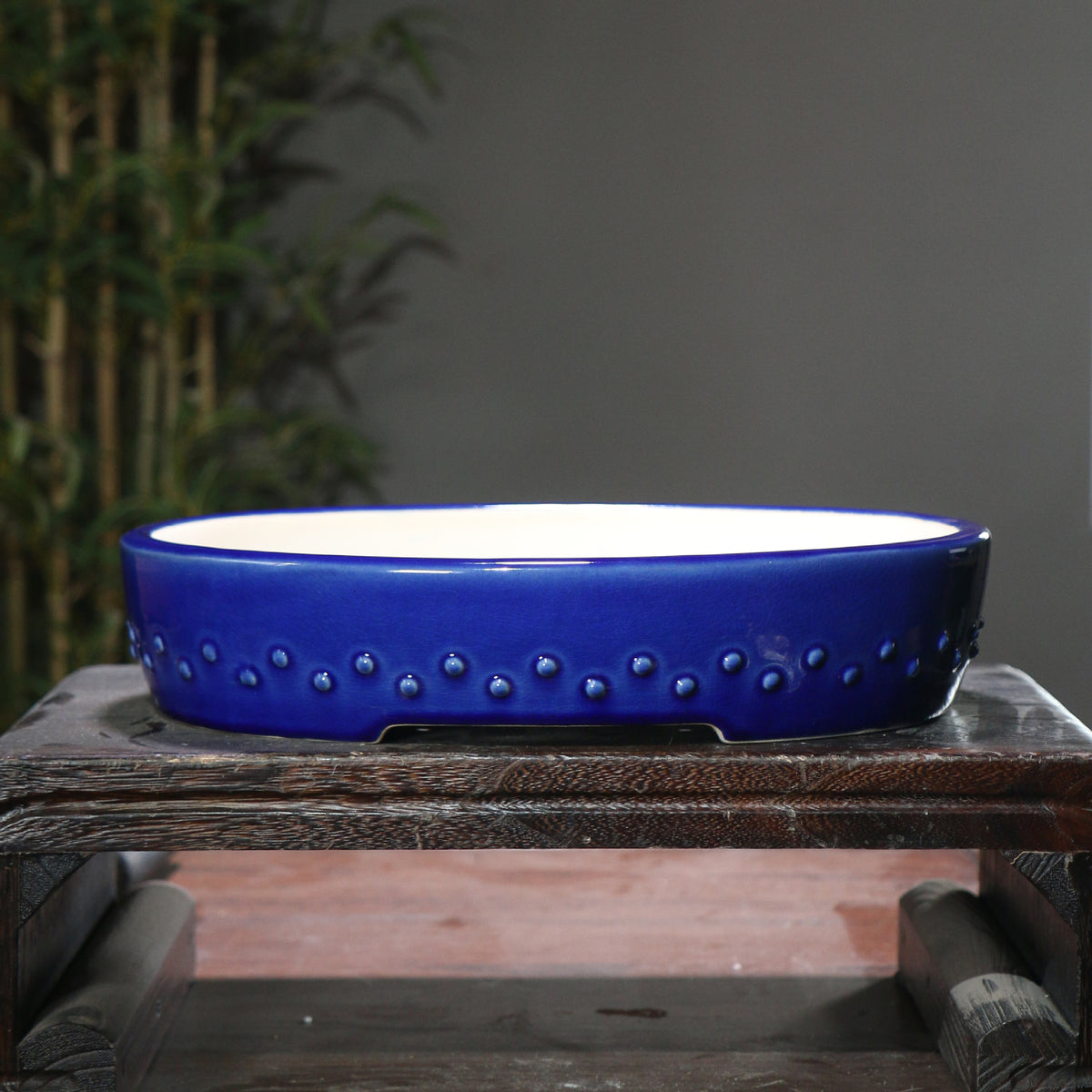 14.1" (35.8cm) Large Glazed Shallow Drum Oval Bonsai Pots Handmade Navy Blue Color