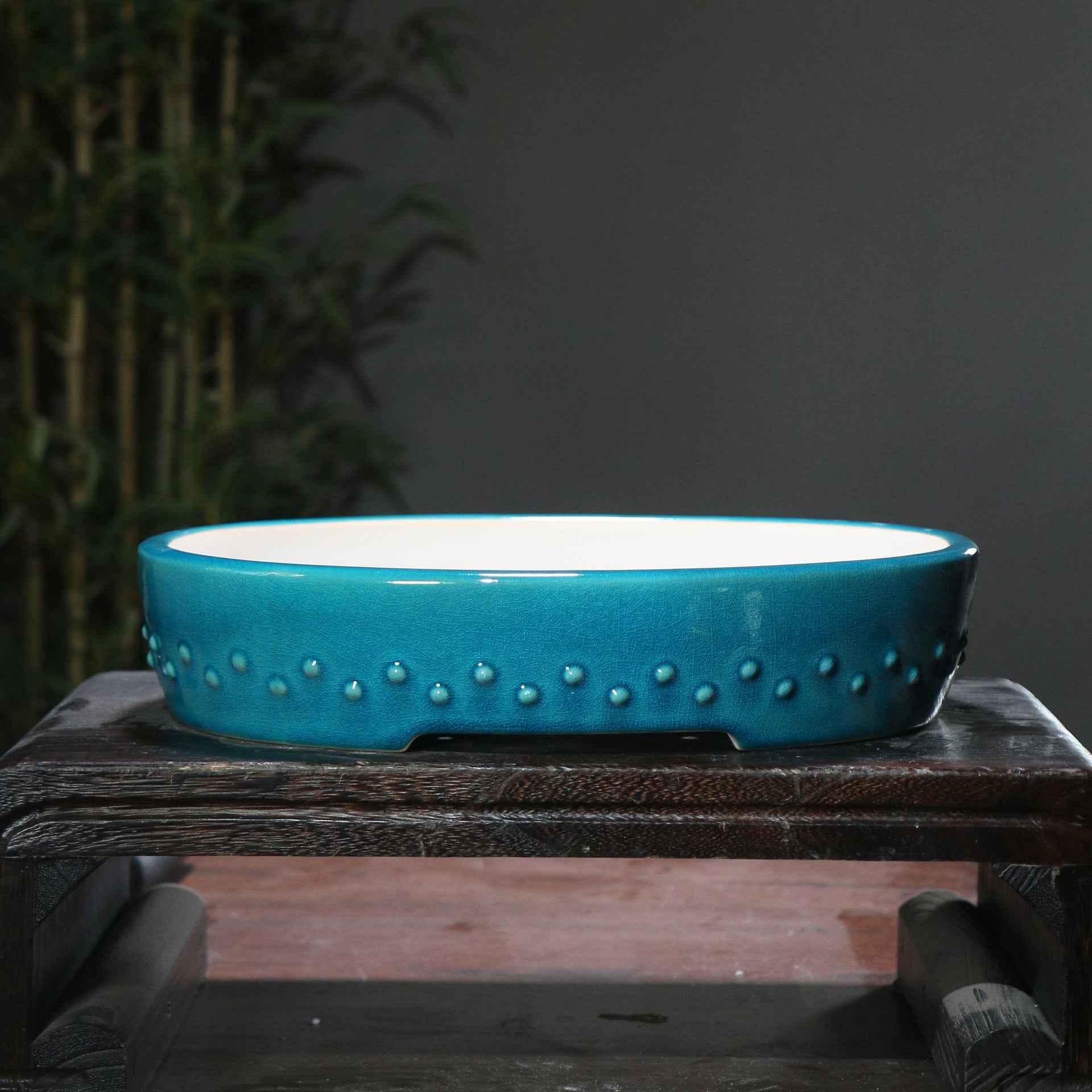 14.1" (35.8cm) Large Glazed Shallow Drum Oval Bonsai Pots Handmade