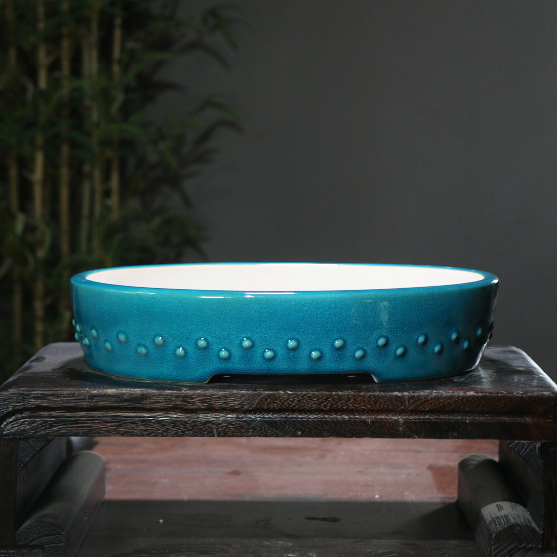 14.1" (35.8cm) Large Glazed Shallow Drum Oval Bonsai Pots Handmade Peacock Blue Color