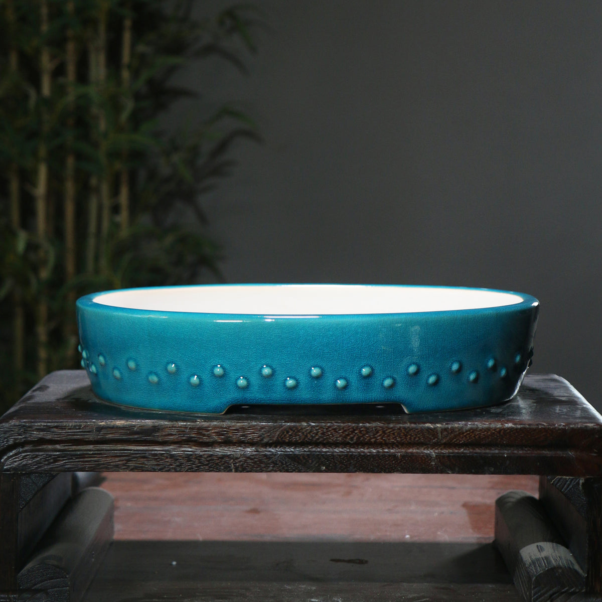 14.1" (35.8cm) Large Glazed Shallow Drum Oval Bonsai Pots Handmade Peacock Blue Color
