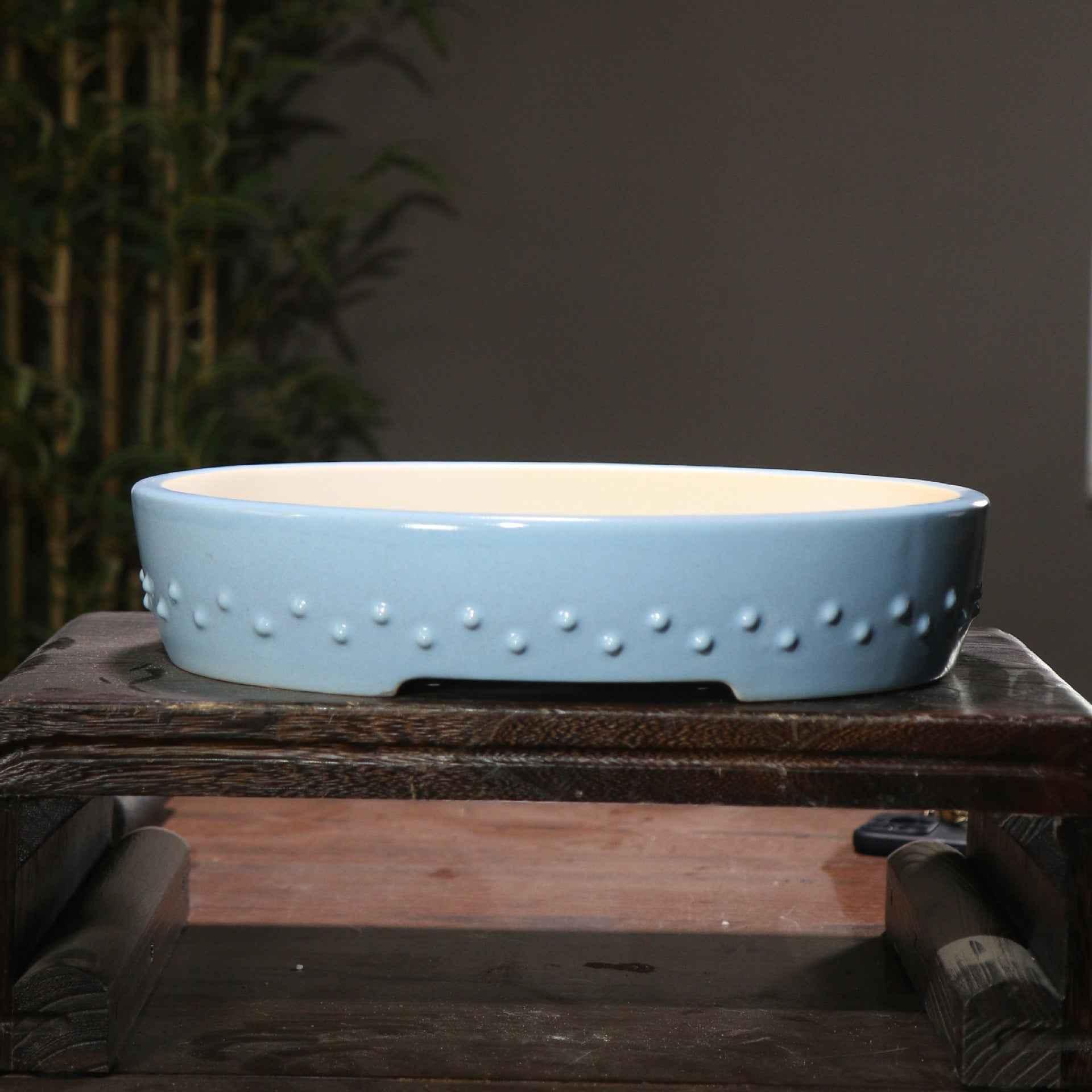 14.1" (35.8cm) Large Glazed Shallow Drum Oval Bonsai Pots Handmade