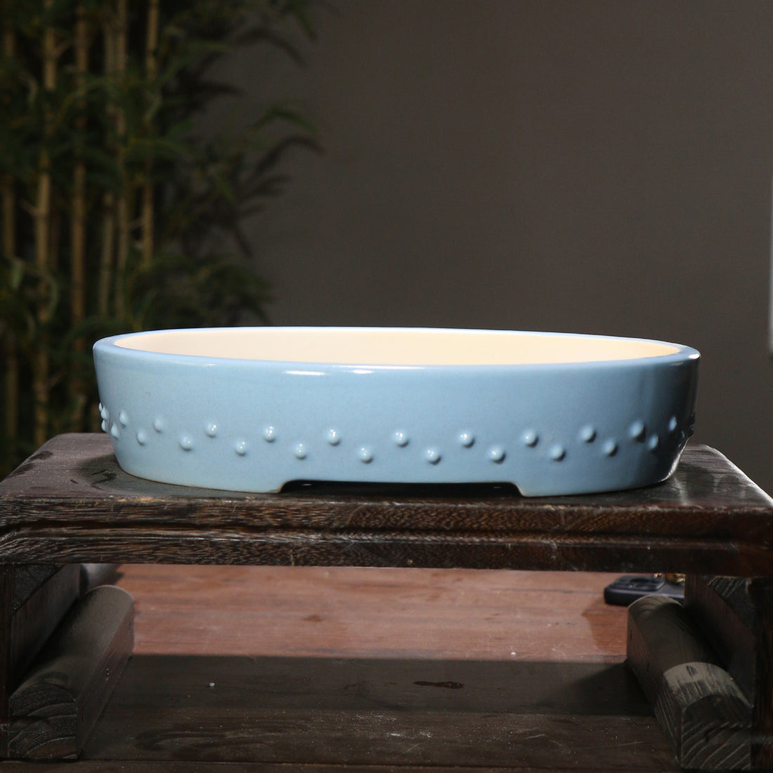 14.1" (35.8cm) Large Glazed Shallow Drum Oval Bonsai Pots Handmade Sky Blue Color