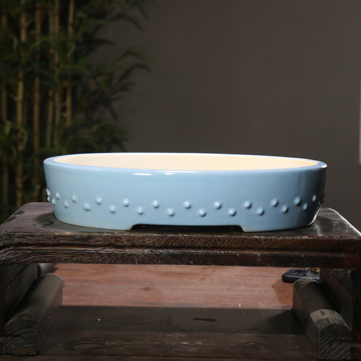 14.1" (35.8cm) Large Glazed Shallow Drum Oval Bonsai Pots Handmade Sky Blue Color