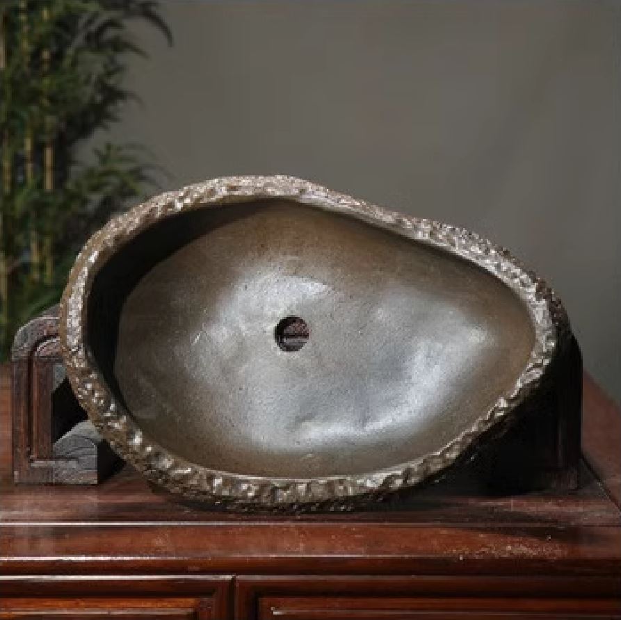 14.1" (36cm) Handcrafted Rock-Like Abstract Bonsai Forest Pot Inner View