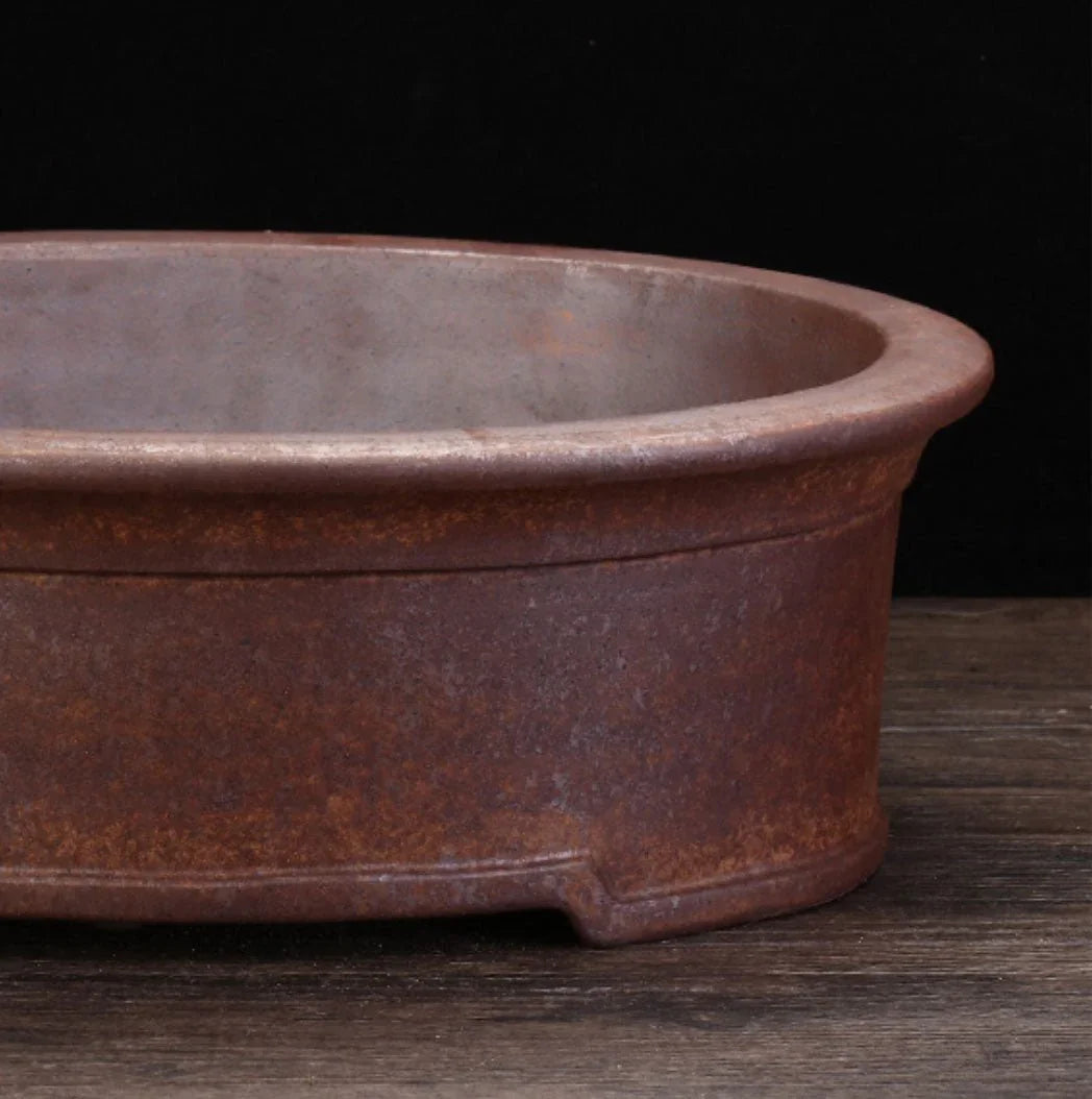 14.1" (36cm) Large Oval Rustic Bonsai Pot w Arched Foot Design Close Shot
