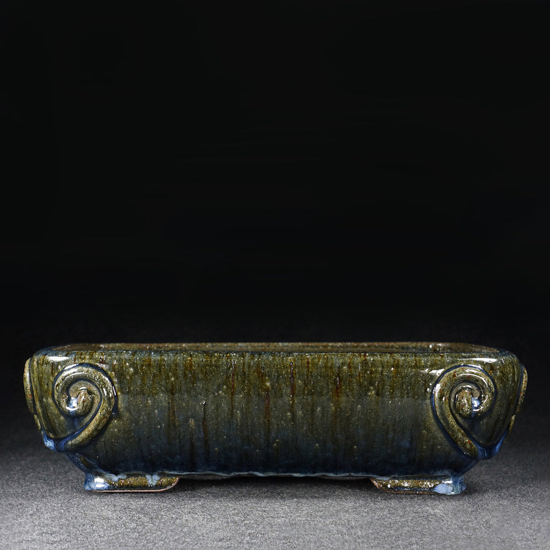 14.1 Inch (35.9cm) Large Rectangular Taisho-Style Kiln-Fired Antique-Style Corner Design Multi-Tone Glaze Raised-Footed Traditional Bonsai Pot
