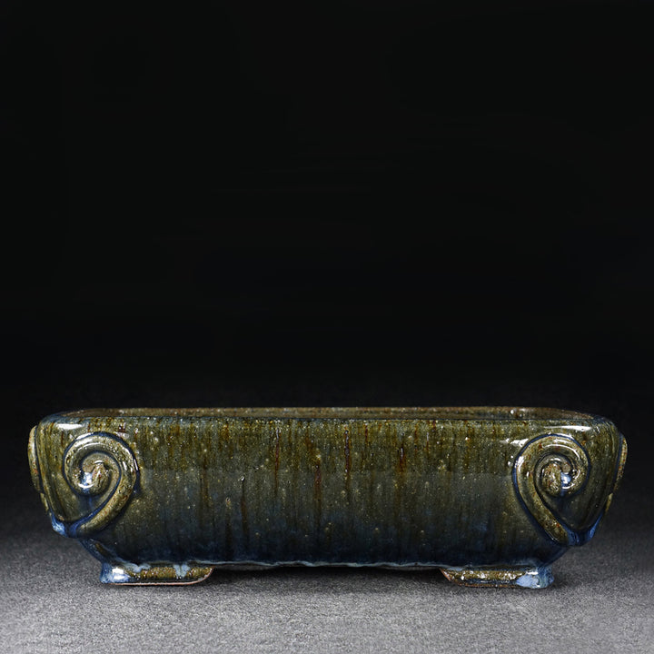 14.1 Inch (35.9cm) Large Rectangular Taisho-Style Kiln-Fired Antique-Style Corner Design Multi-Tone Glaze Raised-Footed Traditional Bonsai Pot