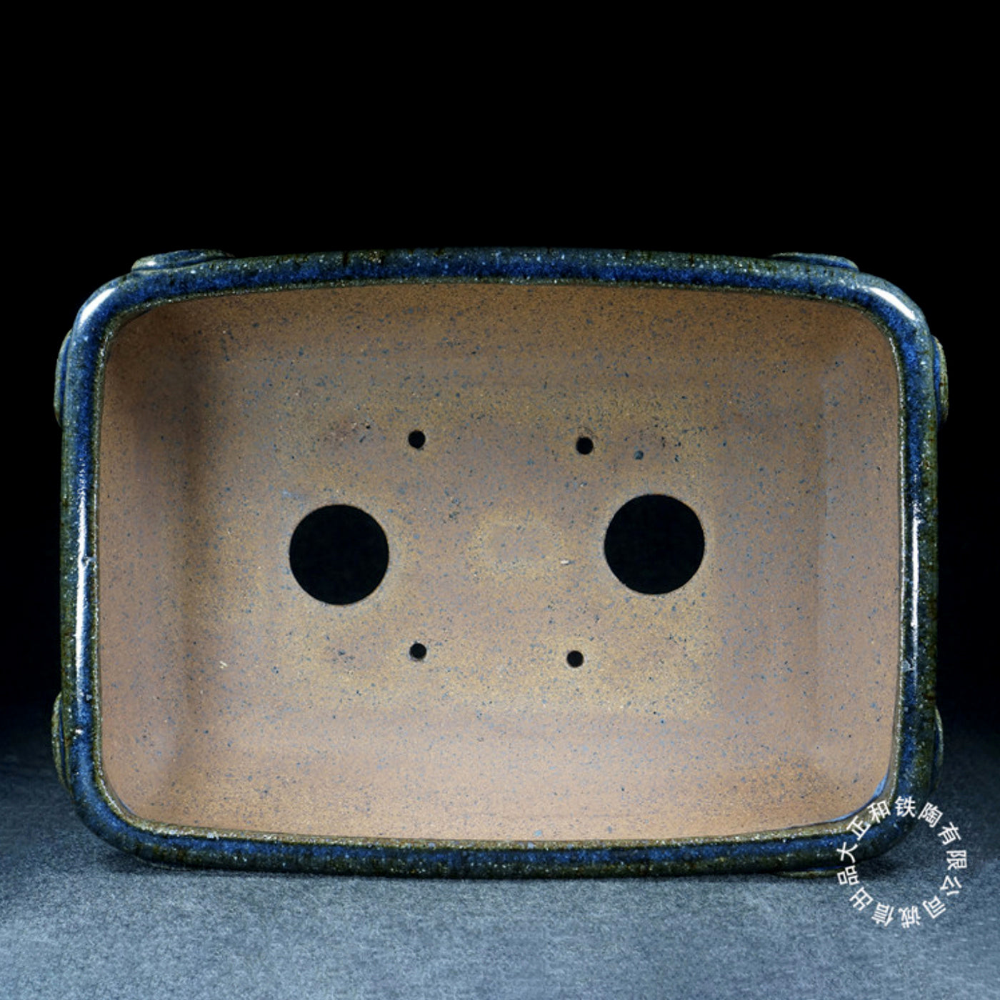 14.1 Inch (35.9cm) Large Rectangular Taisho-Style Kiln-Fired Antique-Style Corner Design Multi-Tone Glaze Raised-Footed Traditional Bonsai Pot Inside View