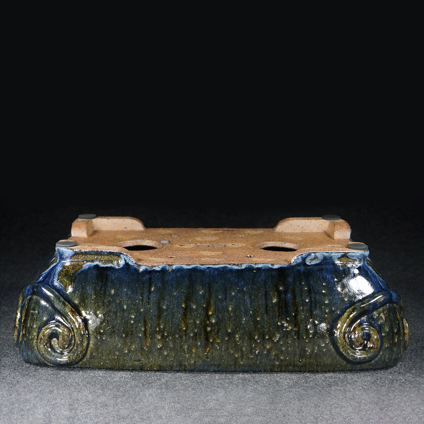 14.1 Inch (35.9cm) Large Rectangular Taisho-Style Kiln-Fired Antique-Style Corner Design Multi-Tone Glaze Raised-Footed Traditional Bonsai Pot Outside View