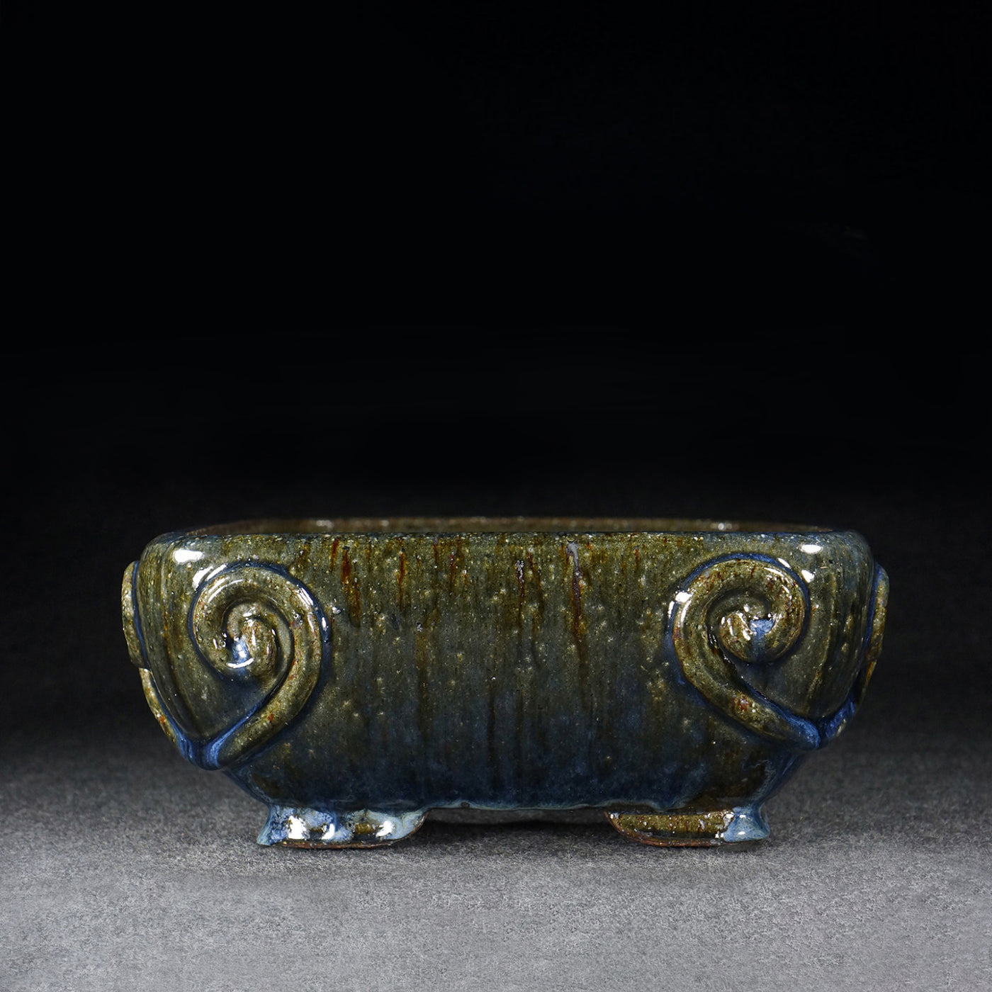 14.1 Inch (35.9cm) Large Rectangular Taisho-Style Kiln-Fired Antique-Style Corner Design Multi-Tone Glaze Raised-Footed Traditional Bonsai Pot Side View