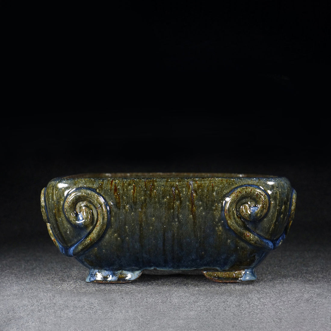 14.1 Inch (35.9cm) Large Rectangular Taisho-Style Kiln-Fired Antique-Style Corner Design Multi-Tone Glaze Raised-Footed Traditional Bonsai Pot Side View