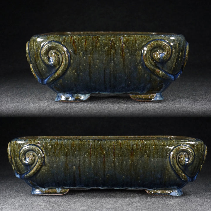 14.1 inch (35.9cm) Large Rectangular Taisho Kiln Fire Multi-Tone Glaze Bonsai Pot Side View