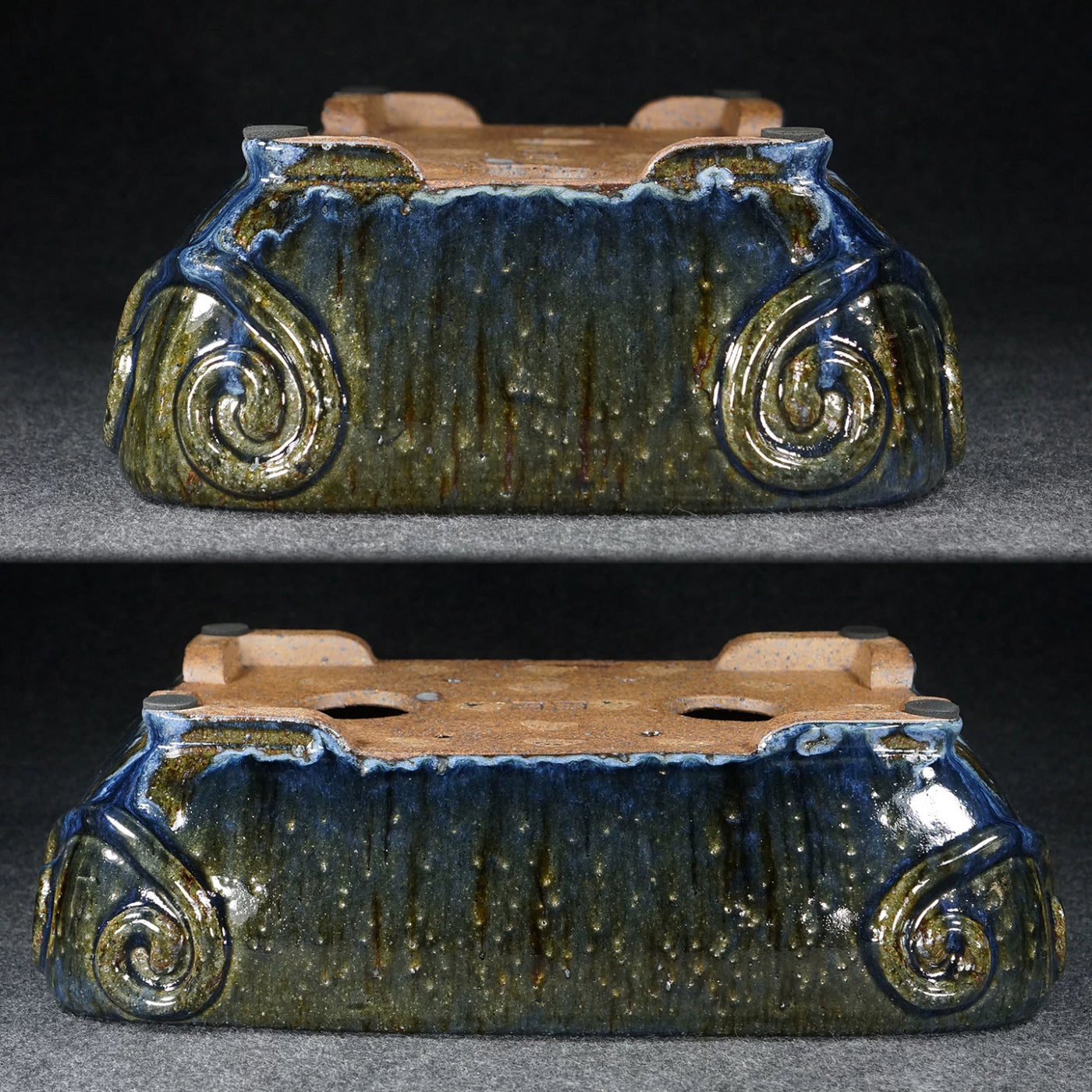 14.1 inch (35.9cm) Large Rectangular Taisho Kiln Fire Multi-Tone Glaze Bonsai Pot Upside Down View