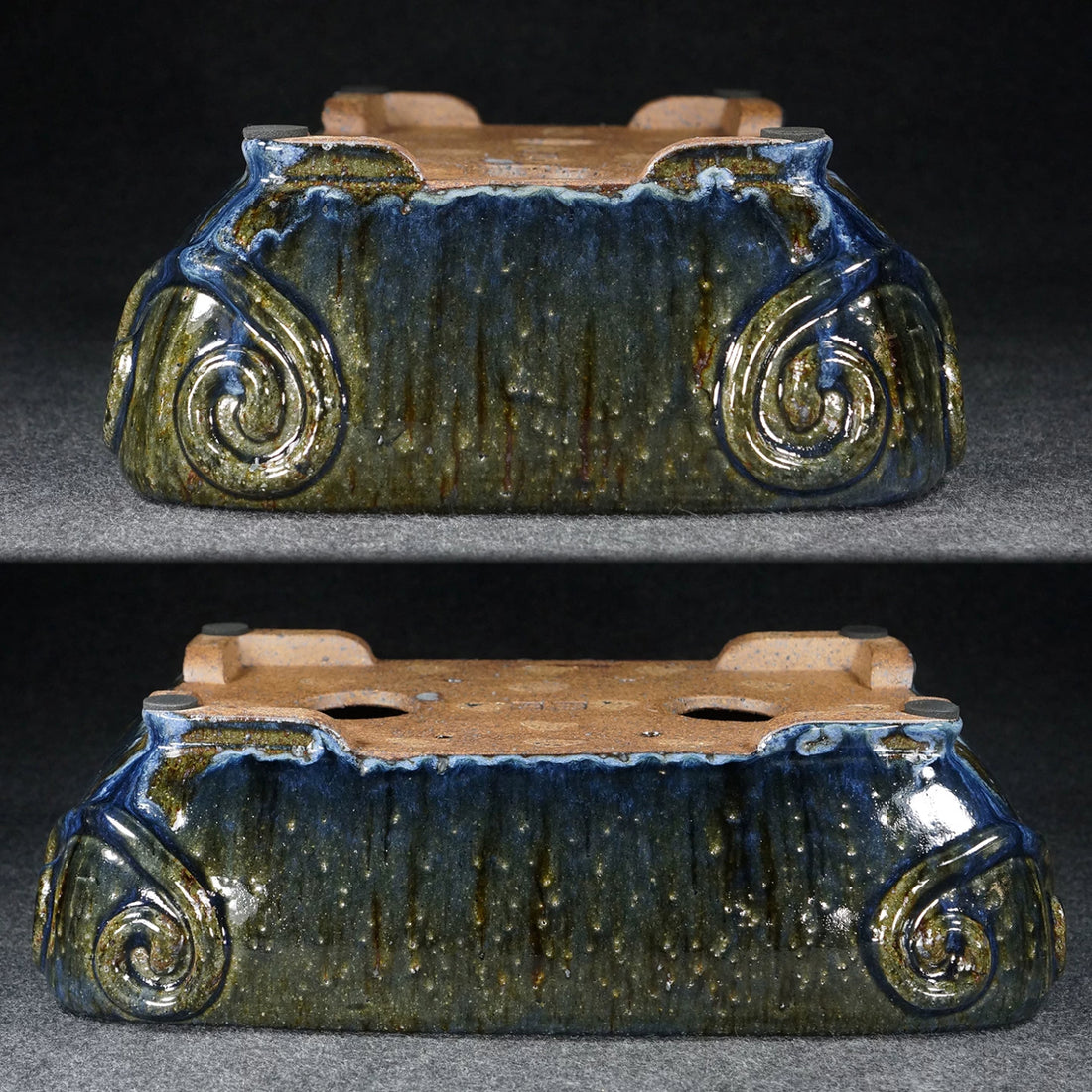 14.1 inch (35.9cm) Large Rectangular Taisho Kiln Fire Multi-Tone Glaze Bonsai Pot Upside Down View