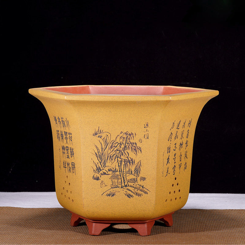 14.1 inch (36cm) Large 11.8 inch (30cm) Deep Hexagonal Engraved Semi Cascade Bonsai Pot