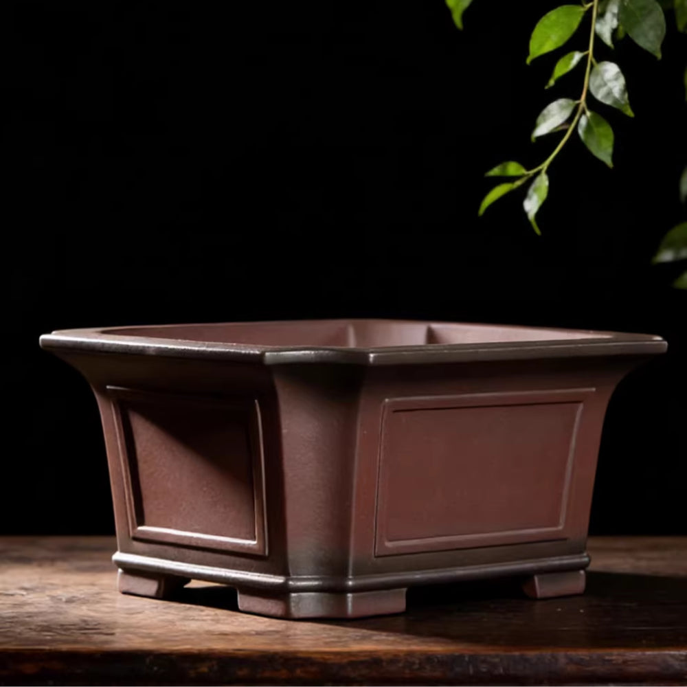 14.1 inch (36cm) Large Corner-Cut Rectangular Dual Tone Unglazed Deep Bonsai Pot Corner View