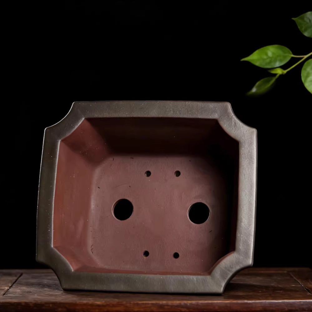 14.1 inch (36cm) Large Corner-Cut Rectangular Dual Tone Unglazed Deep Bonsai Pot Inner View
