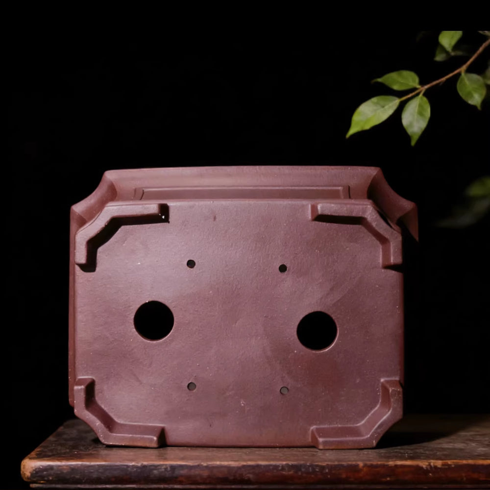 14.1 inch (36cm) Large Corner-Cut Rectangular Traditional Unglazed Deep Bonsai Pot Bottom View