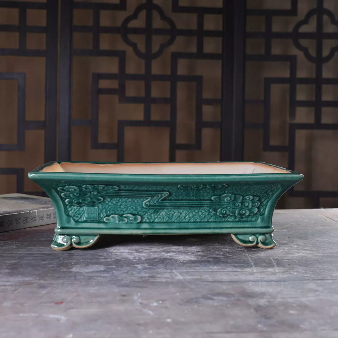 14.1 inch (36cm) Large Flared Rectangular Green Glazed Bonsai Pot w Raised Cloud Feet