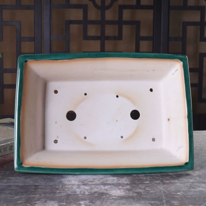 14.1 inch (36cm) Large Flared Rectangular Green Glazed Bonsai Pot w Raised Cloud Feet Inner View