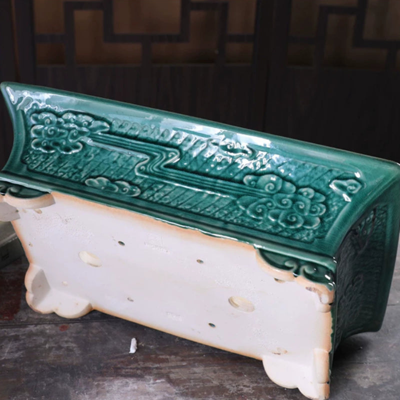 14.1 inch (36cm) Large Flared Rectangular Green Glazed Bonsai Pot w Raised Cloud Feet Side View