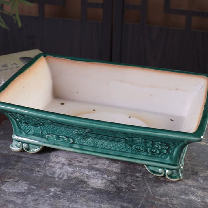 14.1 inch (36cm) Large Flared Rectangular Green Glazed Bonsai Pot w Raised Cloud Feet Top View
