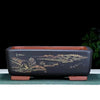 14.1 inch (36cm) Large Rectangular Bonsai Pot w Scenic Landscape Engraving Black Color