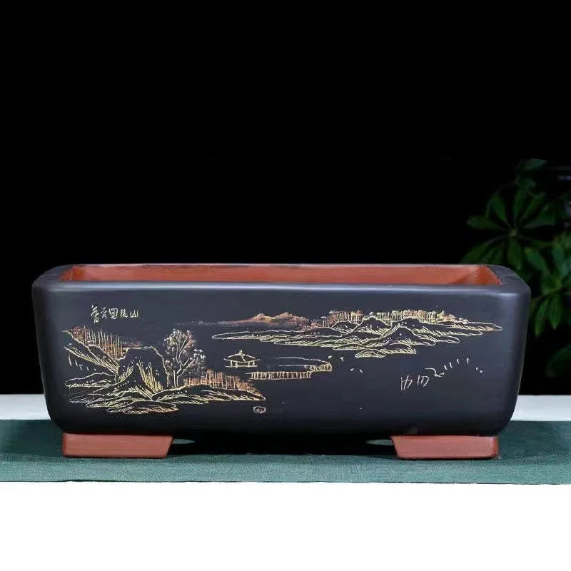 14.1 inch (36cm) Large Rectangular Bonsai Pot w Scenic Landscape Engraving Black Color