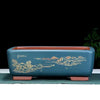 14.1 inch (36cm) Large Rectangular Bonsai Pot w Scenic Landscape Engraving Blue Color