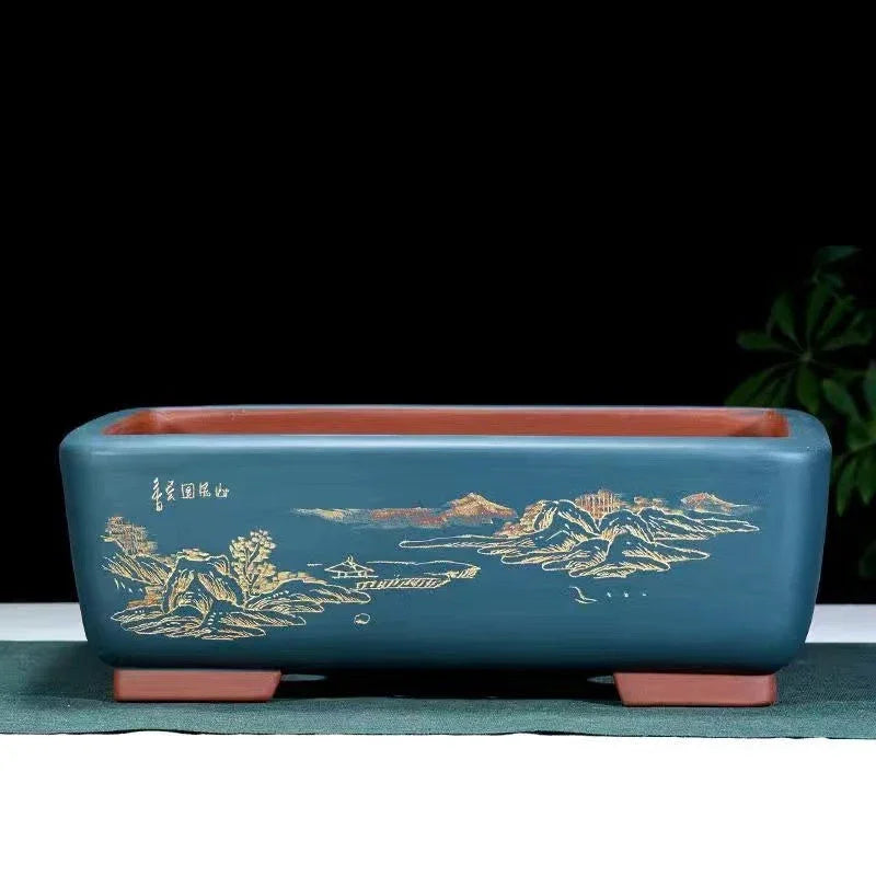 14.1 inch (36cm) Large Rectangular Bonsai Pot w Scenic Landscape Engraving Blue Color