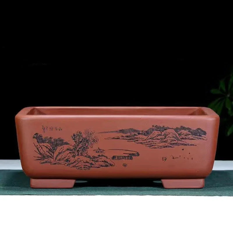 14.1 inch (36cm) Large Rectangular Bonsai Pot w Scenic Landscape Engraving Brown Color