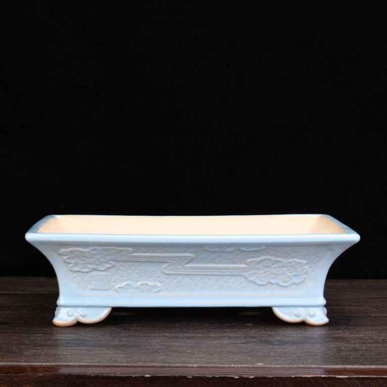 14.3" (36.5cm) Large Rectangular Glazed Raised Feet Bonsai Pot Sky Blue