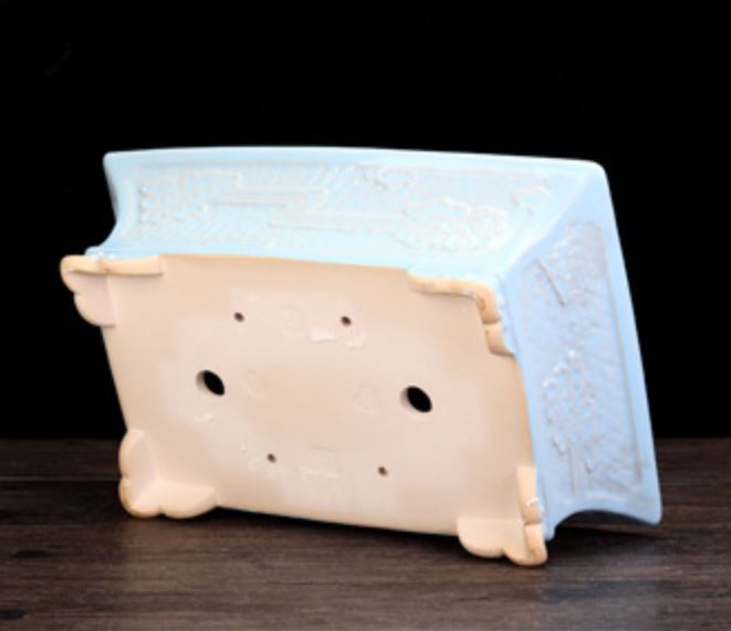 14.3" (36.5cm) Large Rectangular Glazed Raised Feet Bonsai Pot Sky Blue Bottom View