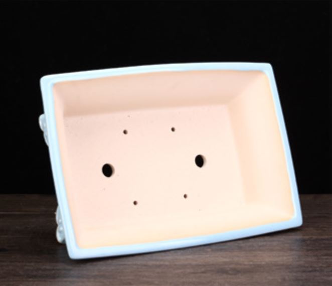 14.3" (36.5cm) Large Rectangular Glazed Raised Feet Bonsai Pot Sky Blue Inner View