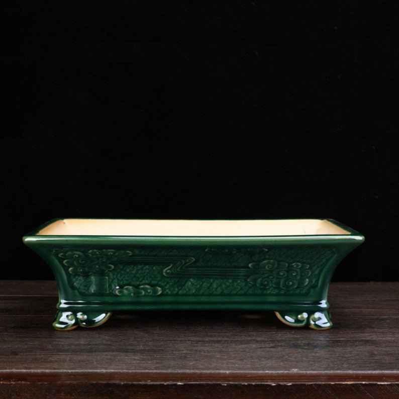 14.3" (36.5cm) Large Rectangular Green Glazed Handmade Bonsai Pot w Raised Feet