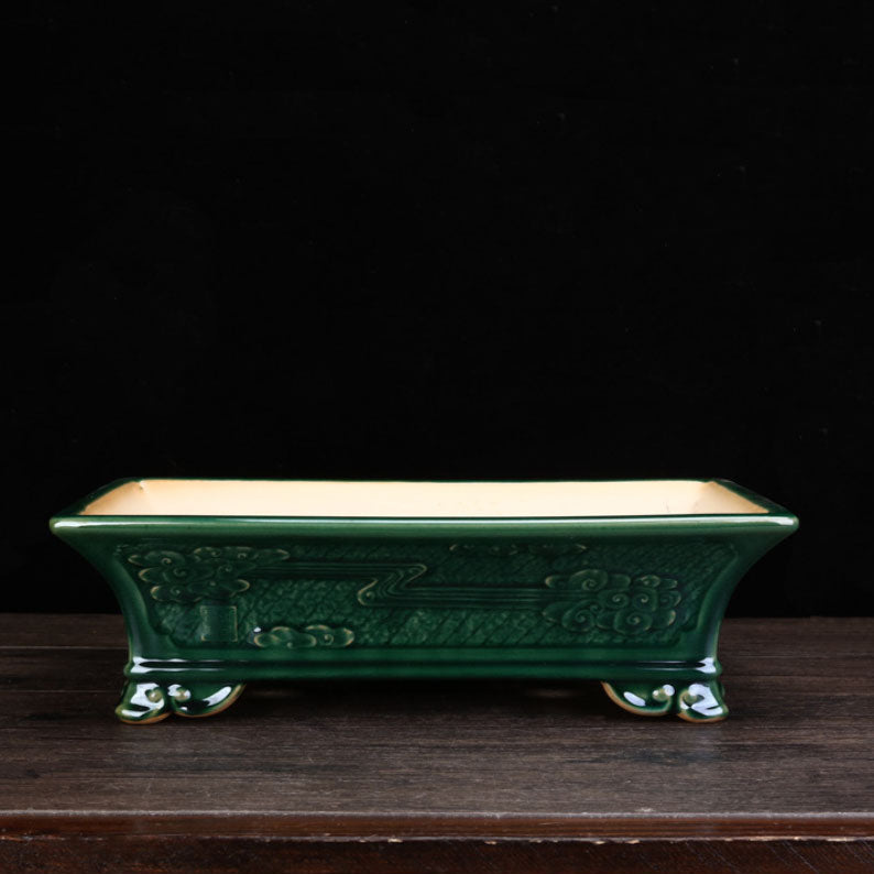 14.3" (36.5cm) Large Rectangular Green Glazed Bonsai Pot w Raised Cloud Feet