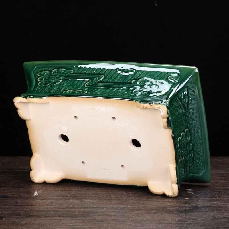 14.3" (36.5cm) Large Rectangular Green Glazed Handmade Bonsai Pot w Raised Feet