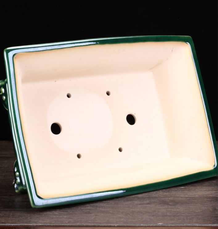 14.3" (36.5cm) Large Rectangular Green Glazed Bonsai Pot w Raised Cloud Feet Inner View