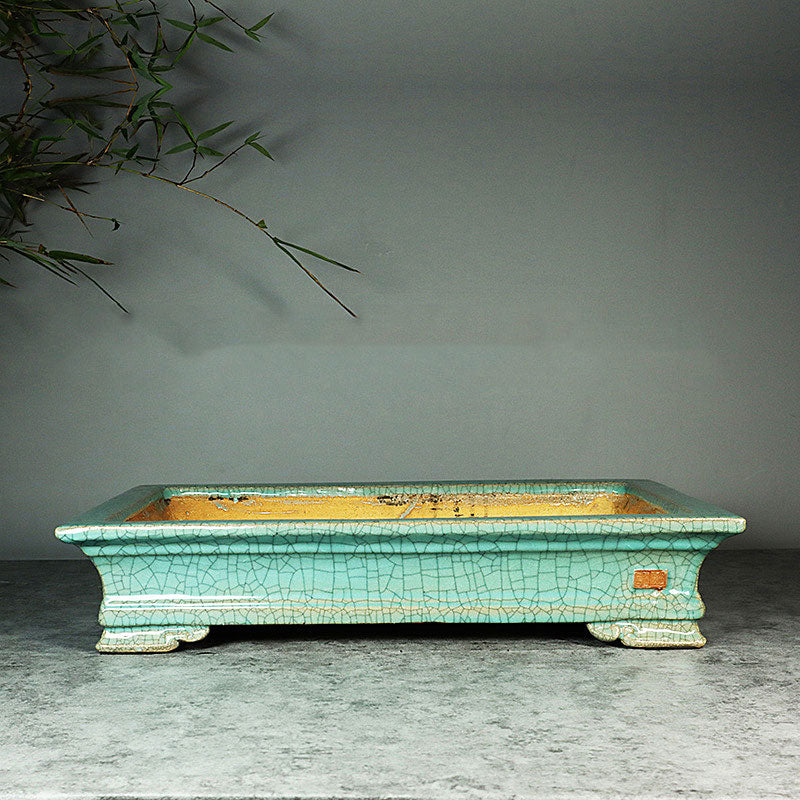 14.3 inch (36.5 cm) Large Rectangular Cracked Glaze Shallow Bonsai Pots Green Color