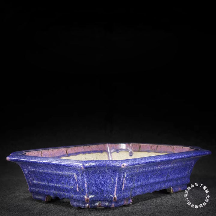 14.3 inch (36.5cm) Large Corner-Cut Taisho Kiln Fired Glazed Purple Multi-Tone Bonsai Pot Corner View