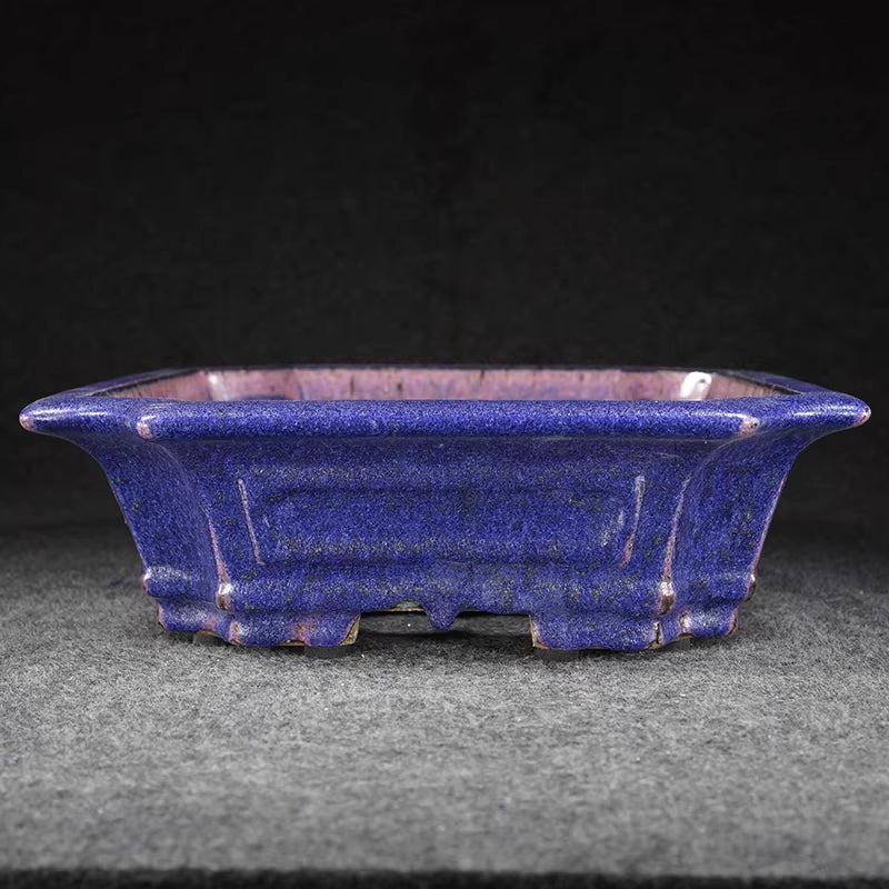 14.3 inch (36.5cm) Large Corner-Cut Taisho Kiln Fired Glazed Purple Multi-Tone Bonsai Pot Side View