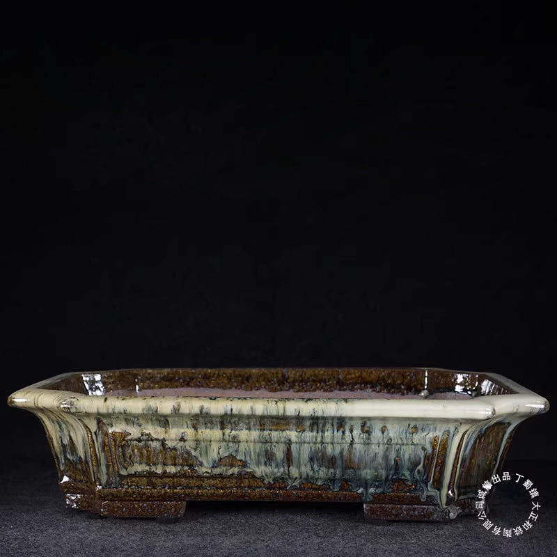 14.3 inch (36.5cm) Large Flared Rectangular Brown-Milky White Glaze Bonsai Pot