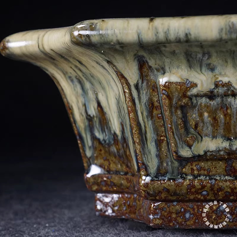 14.3 inch (36.5cm) Large Flared Rectangular Brown-Milky White Glaze Bonsai Pot Corner View