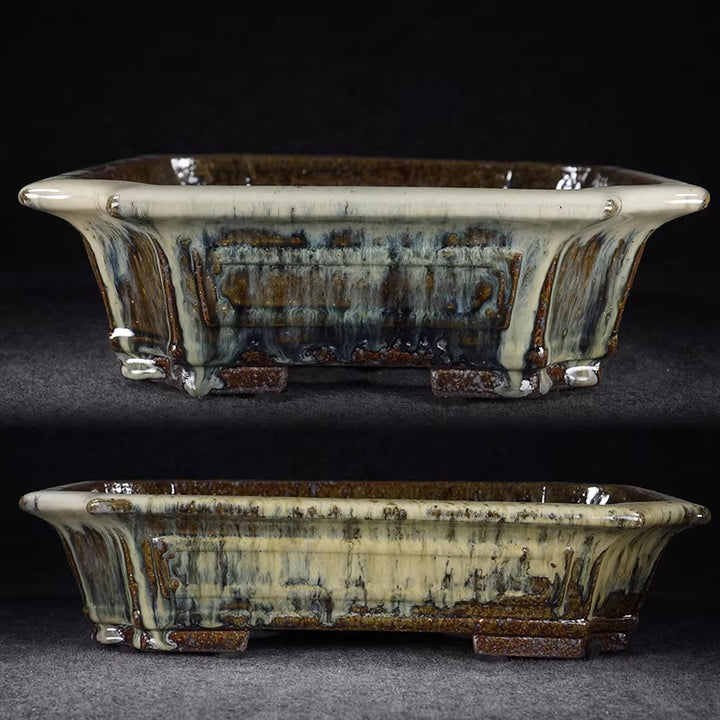 14.3 inch (36.5cm) Large Flared Rectangular Brown-Milky White Glaze Bonsai Pot Side View