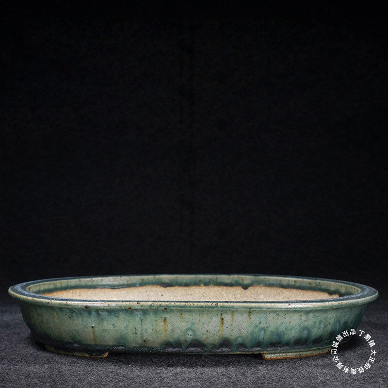 14.3 inch (36.5cm) Large Oval Taisho Kiln Jun Glaze Green Multi-Tone Shallow Bonsai Pot