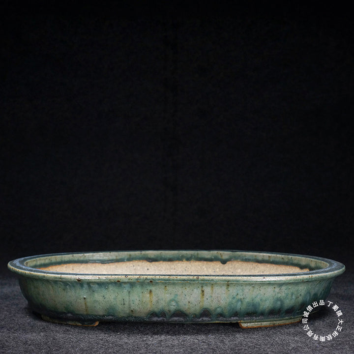 14.3 inch (36.5cm) Large Oval Taisho Kiln Jun Glaze Green Multi-Tone Shallow Bonsai Pot