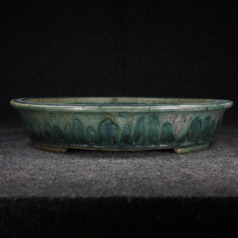 14.3 inch (36.5cm) Large Oval Taisho Kiln Jun Glaze Green Multi-Tone Shallow Bonsai Pot