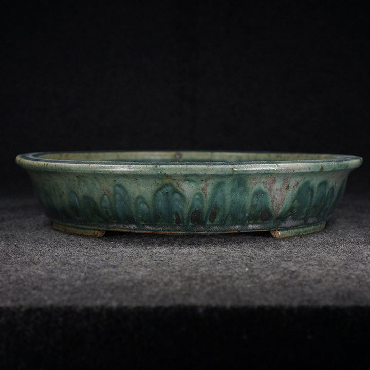 14.3 inch (36.5cm) Large Oval Taisho Kiln Jun Glaze Green Multi-Tone Shallow Bonsai Pot