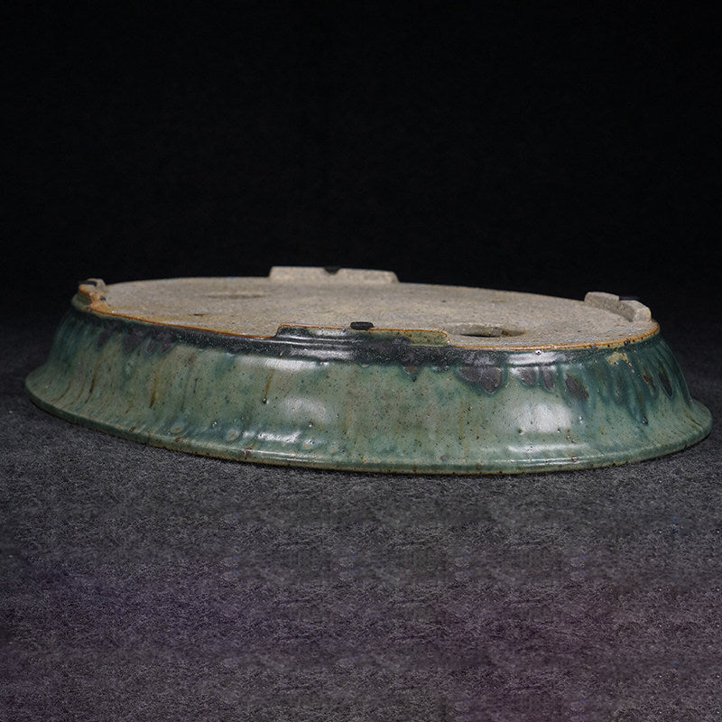 14.3 inch (36.5cm) Large Oval Taisho Kiln Jun Glaze Green Multi-Tone Shallow Bonsai Pot Upside Down View